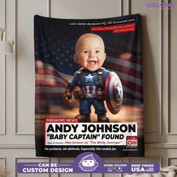 Personalized Baby Captain Blanket – Custom CNN Superhero Design with Photo & Funny Quote